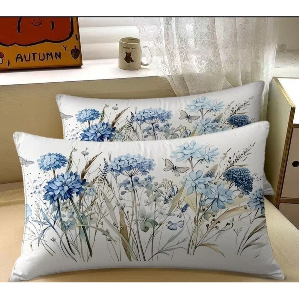 New Decorative White & blue floral lumbar Pillow Cover 19x27 couch throw Cushion